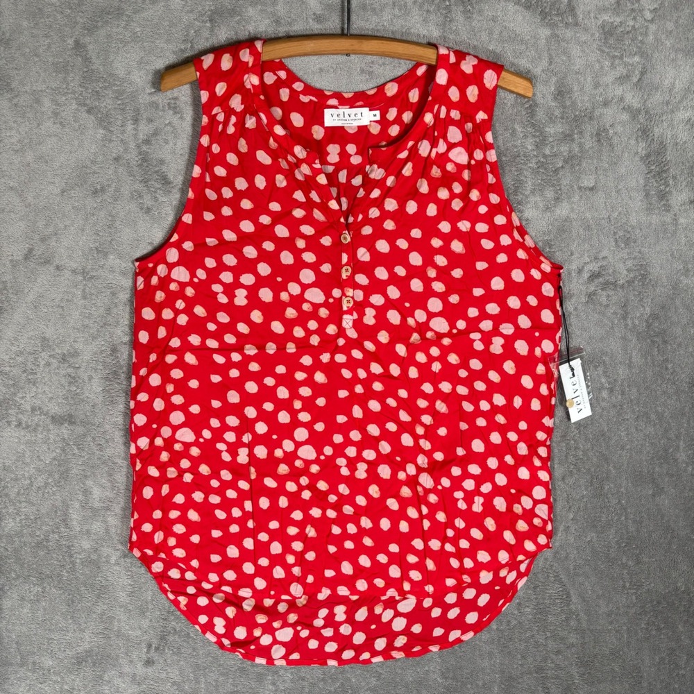 Velvet by Graham & Spencer Red Polka Dot Sleeveless Henley Blouse Medium NEW